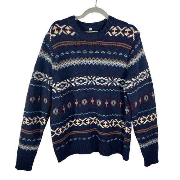 Schott Bros. Mens Wool Blend Fair Isle Sweater M Hand Crafted chunky Blue - Picture 1 of 8